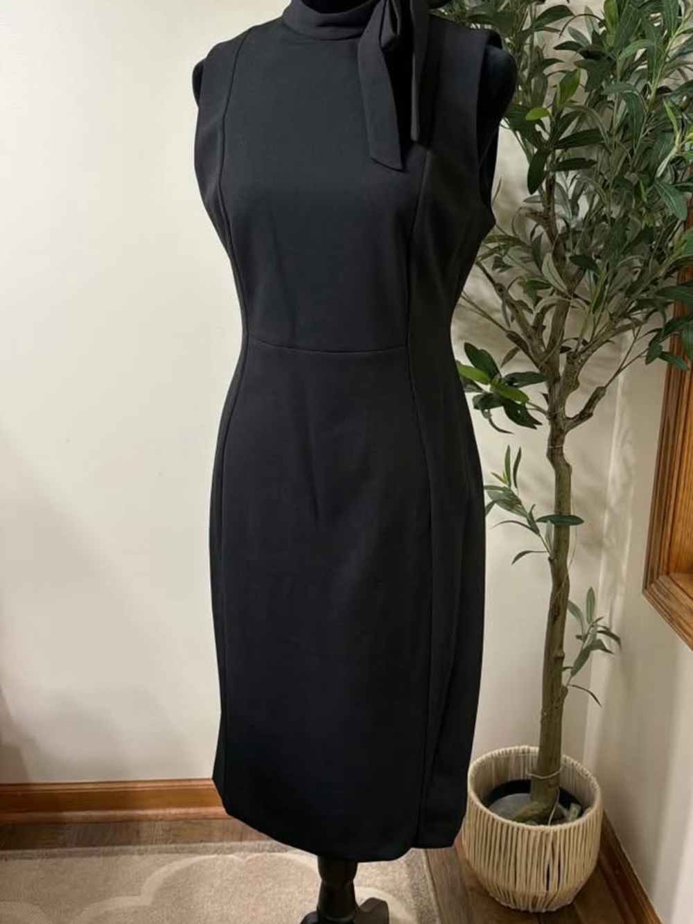 Calvin Klein Black Sleeveless Tie-Neck Midi Sheath Dress